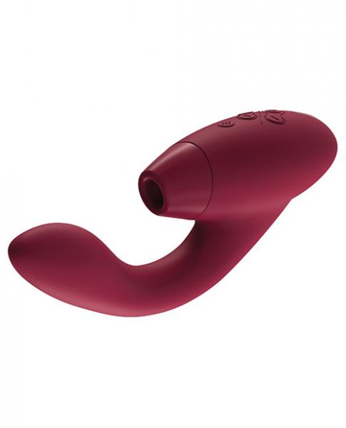 Womanizer Duo Pleasure Air Clitoral Stimulator & G-Spot Vibrator - Bordeaux on a white background side view to show in the internal arm and clitoral opening