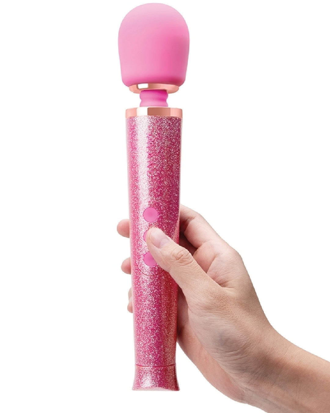 Le Wand All That Glimmers Wand Vibrator Set - Pink held in hand 