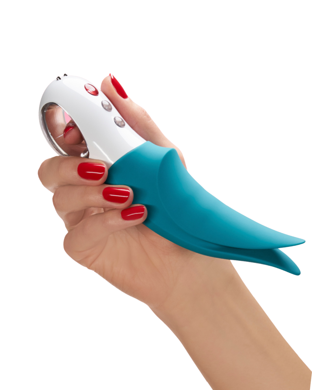 Fun Factory Volta External Vibrator - blue held in a woman's hand to show the size