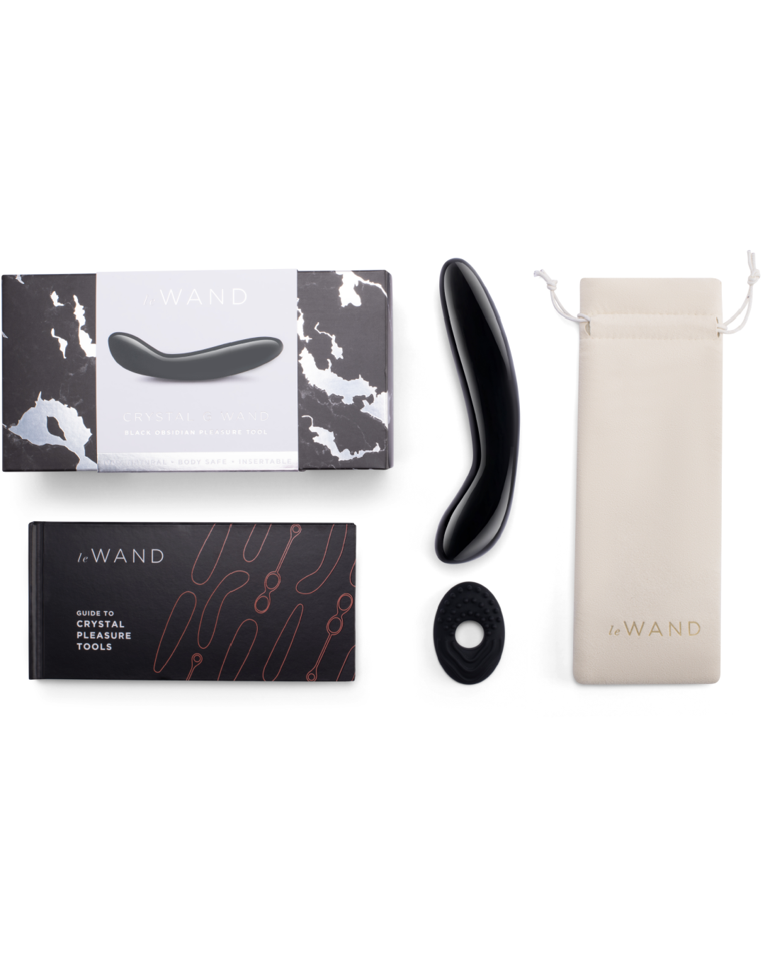 Le Wand Crystal G Spot Wand - Black Obsidian  pictured next to ring, box, storage pouch and manual 