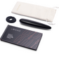 Le Wand Crystal Slim Wand - Black Obsidian next to storage pouch, silicone ring and manual 