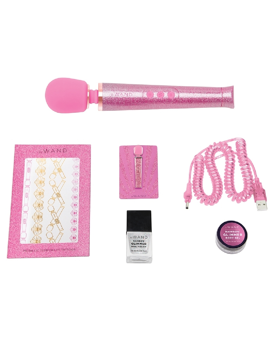 Le Wand All That Glimmers Wand Vibrator Set - Pink with wand, stickers, pink, glitter and charging cable 