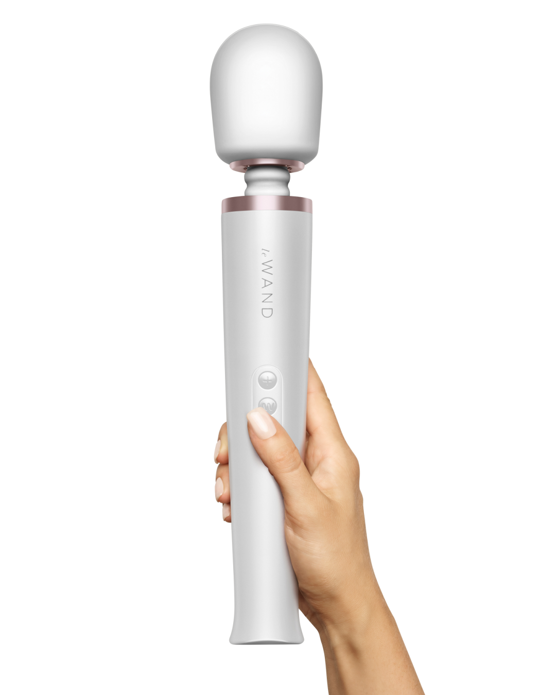 Le Wand Cordless Vibrating Massager - White held in a person's hand to show the size