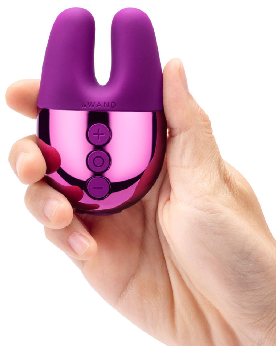 Le Wand Chrome Double Vibrator - Purple held in model's hand 
