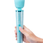 Le Wand All That Glimmers Wand Vibrator Set - Blue held in hand 