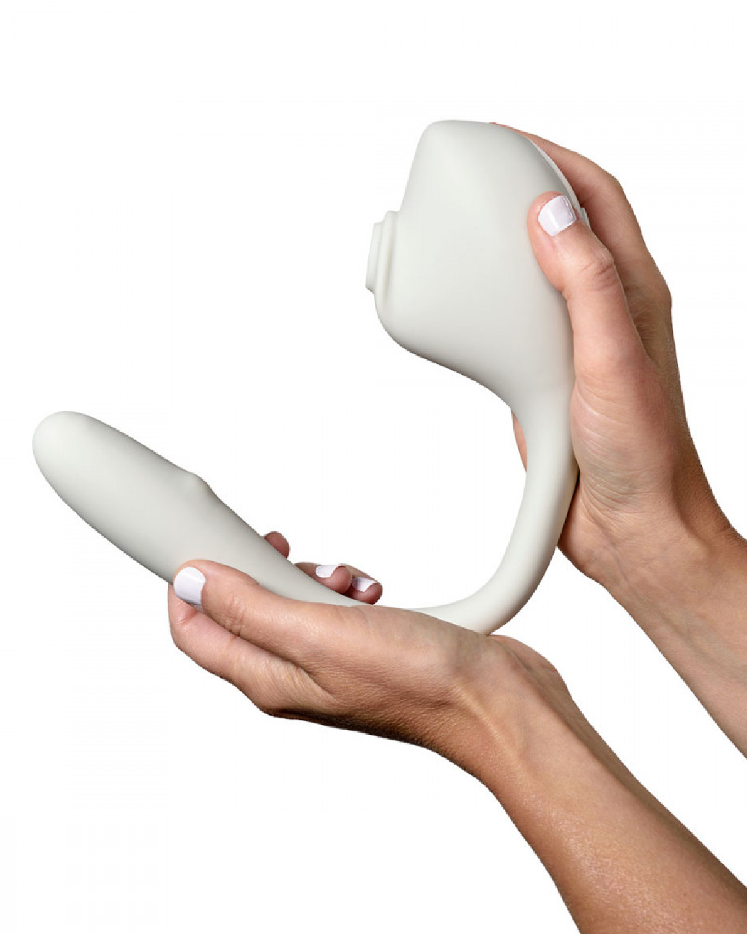 Lora DiCarlo Osé 2 Robotic Clitoral Suction & G-Spot Vibe held in a person's hand showing the flexibility of the insertable arm