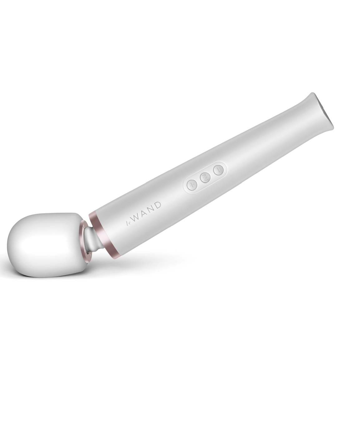 Le Wand Cordless Vibrating Massager - White with the head pressed to a white surface, showing the flexibility of the neck