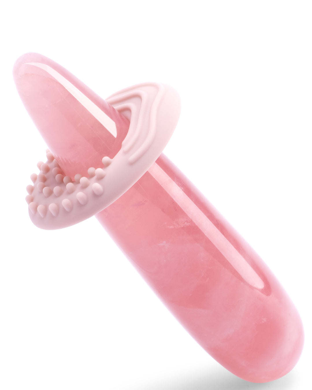 Le Wand Crystal  Wand - Rose Quartz on an angle with silicone ring around it 