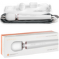 Le Wand Cordless Vibrating Massager - White on a white background with the zip up travel bag, plugs, and cord