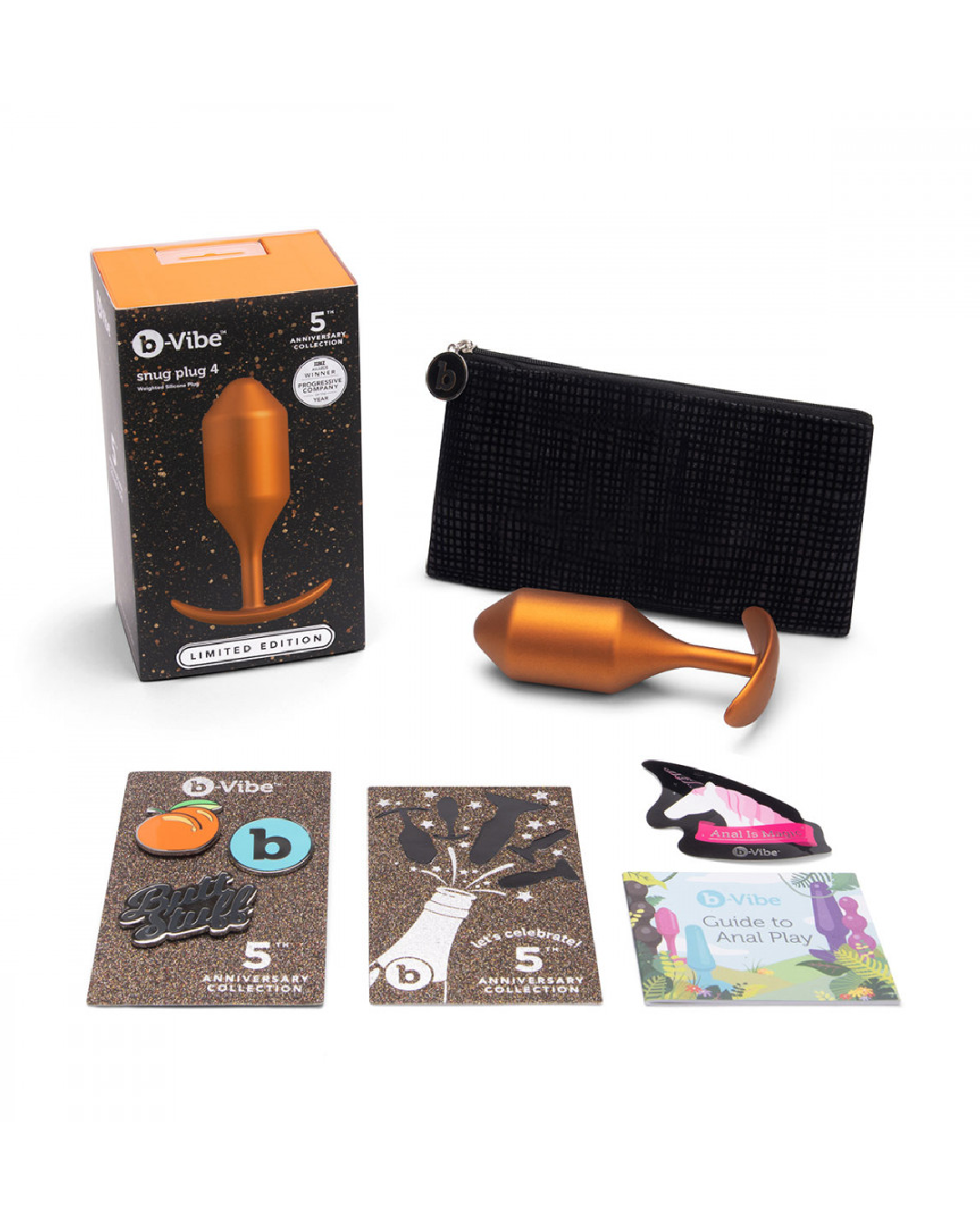 B-vibe Snug Plug 4 XL Weighted Silicone Butt Plug (257 grams) - Sunburst Orange with package contents