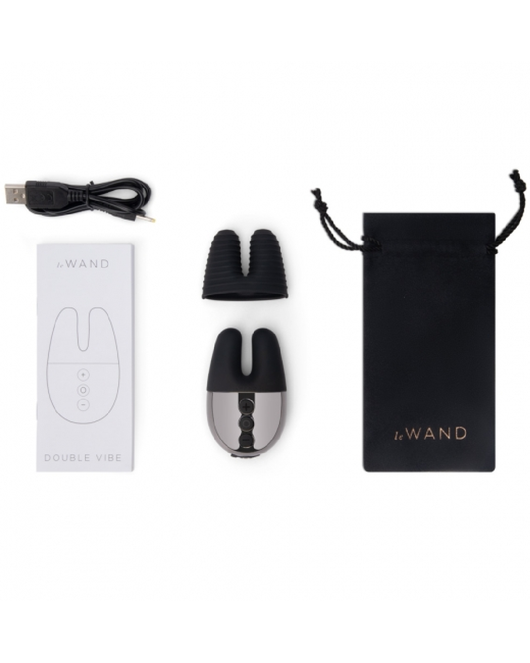 Le Wand Chrome Double Vibrator -Black contents of box including vibe, charger, manual and storage pouch 