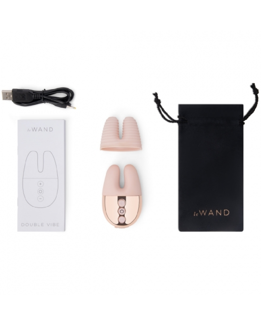 Le Wand Chrome Double Vibrator - Rose Gold showing contents with pouch vibe charger and manual 