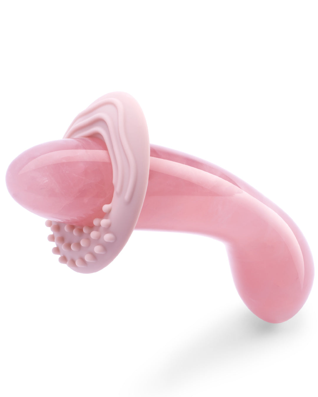 Le Wand Crystal G Spot Wand - Rose Quartz on an angle with silicone ring on it 