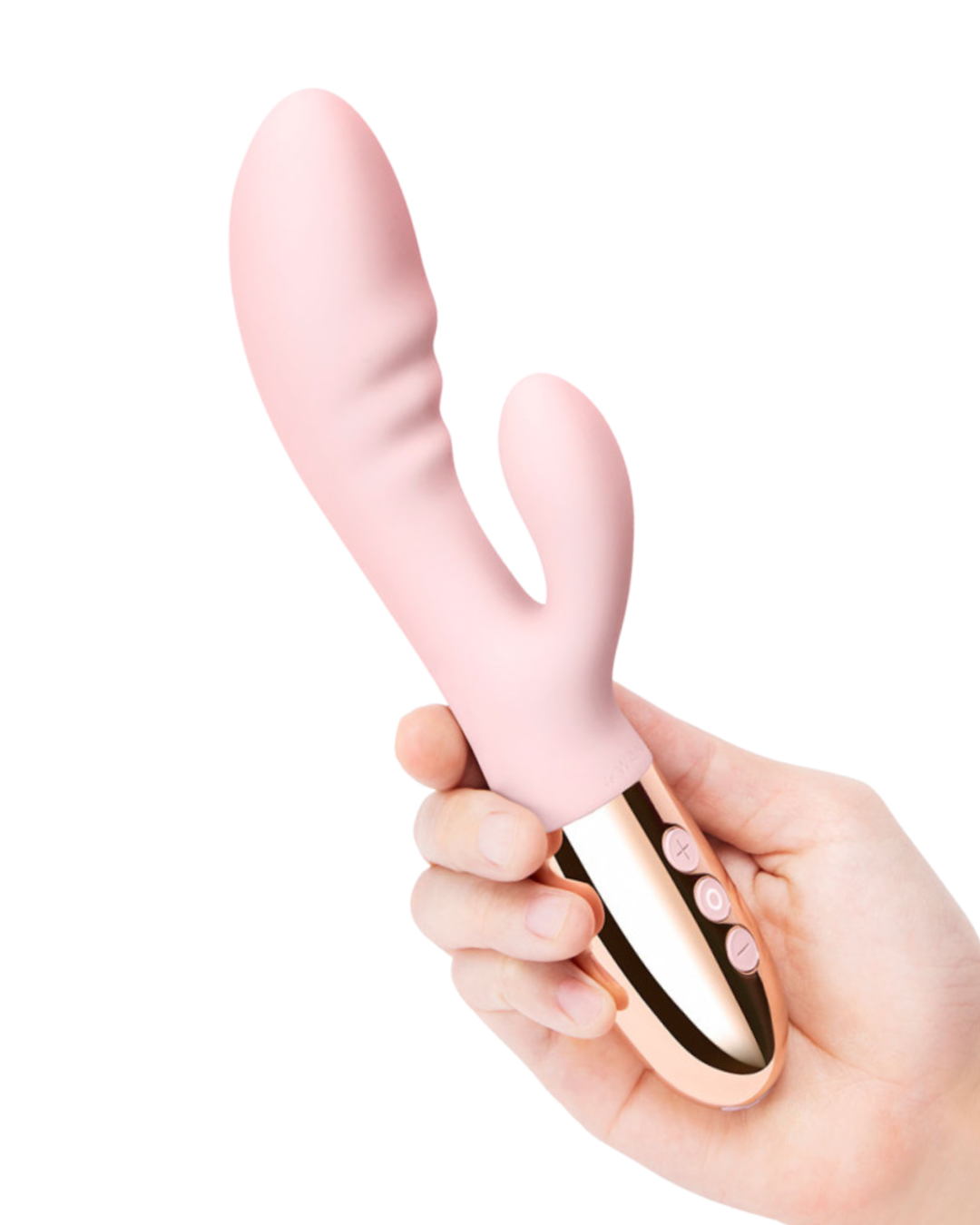 Le Wand Blend Double Motor Rechargeable Rabbit Vibrator - Rose Gold held in a hand