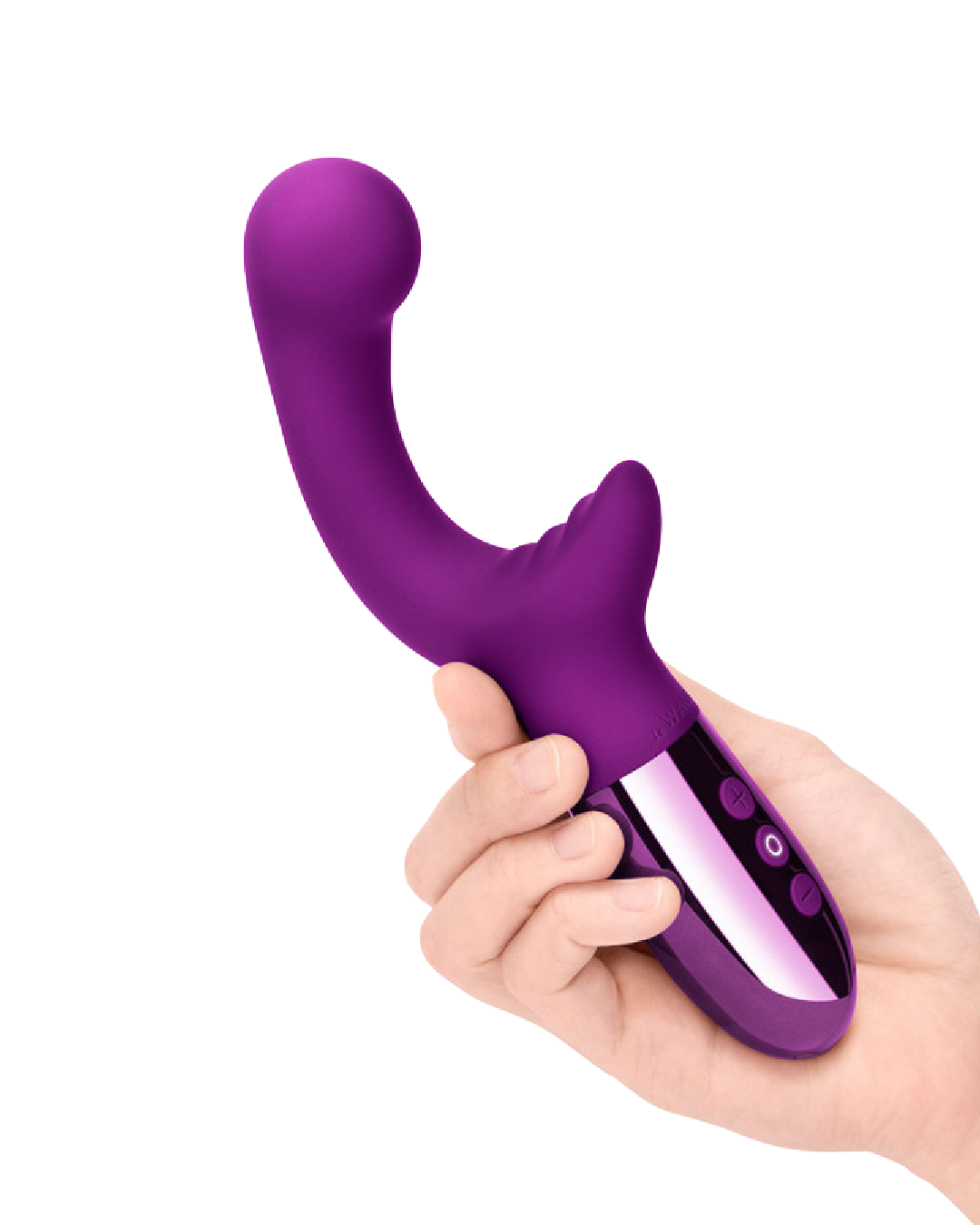 Le Wand XO Double Motor Internal and External Vibrator - Dark Cherry held in a hand