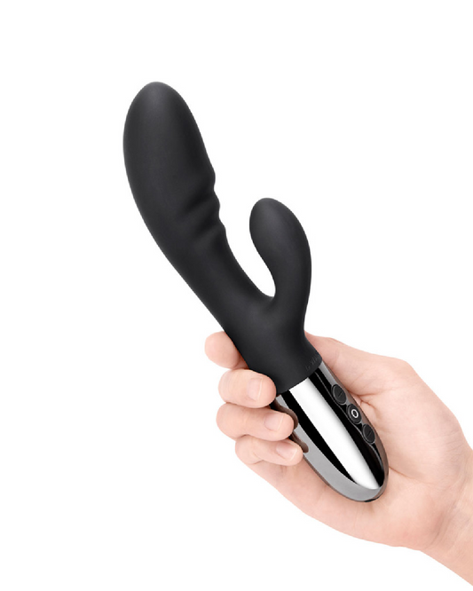 Le Wand Blend Double Motor Rechargeable Rabbit Vibrator - Black held in a hand
