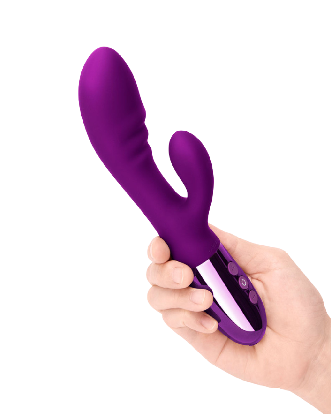 Le Wand Blend Double Motor Rechargeable Rabbit Vibrator - Dark Cherry held in a hand