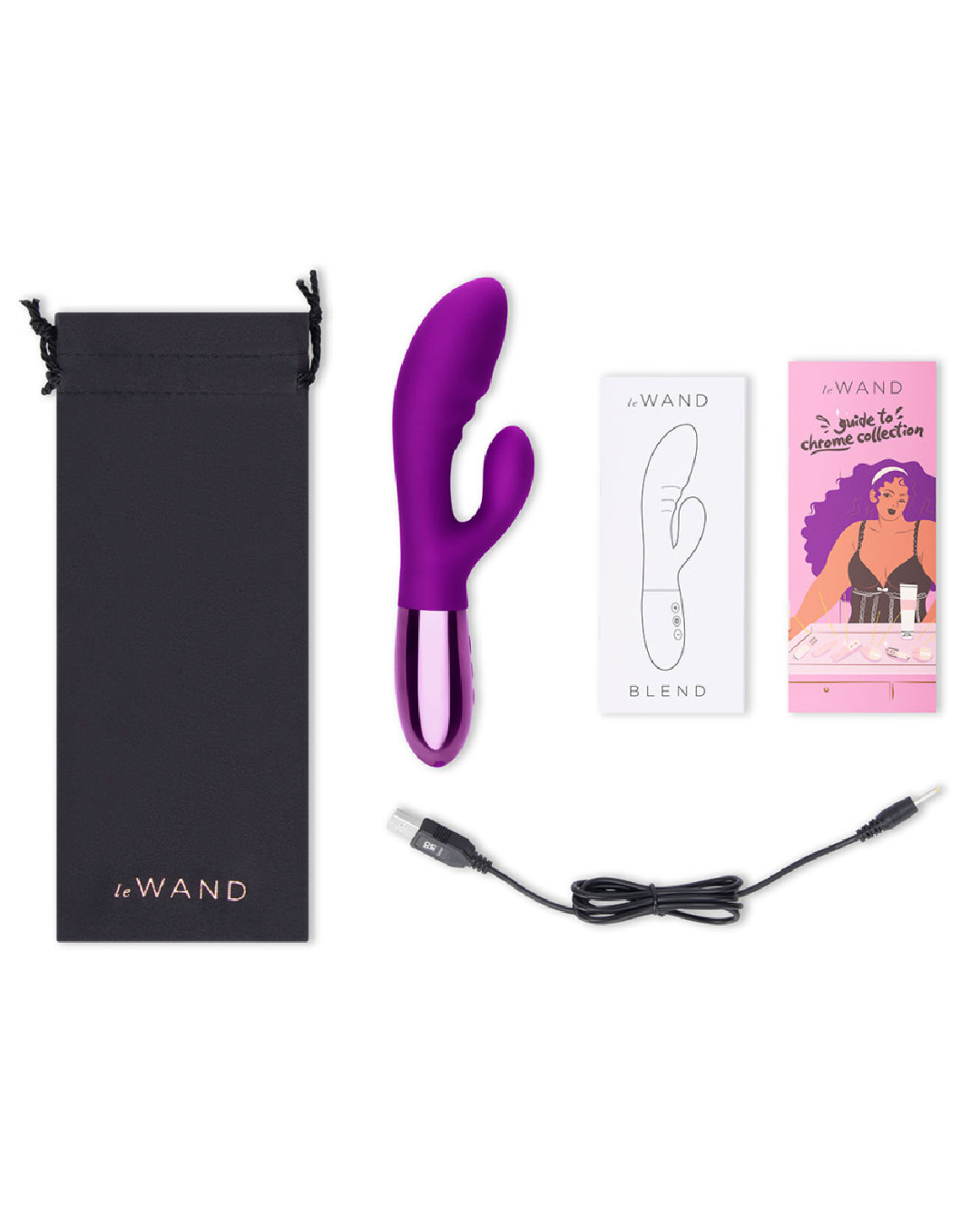 Le Wand Blend Double Motor Rechargeable Rabbit Vibrator - Dark Cherry package contents